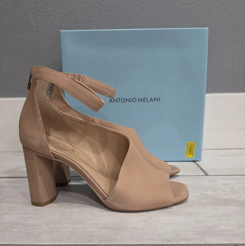 ANTONIO MELANI Ehren Blush Nude Modern Taupe Peep-Toe Block Heel Sandals